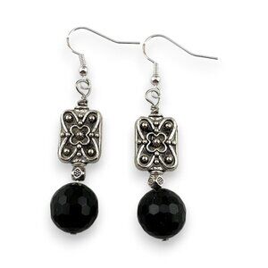Faceted Black Onyx Earrings | 925 Sterling Silver Ear Wires 12mm
